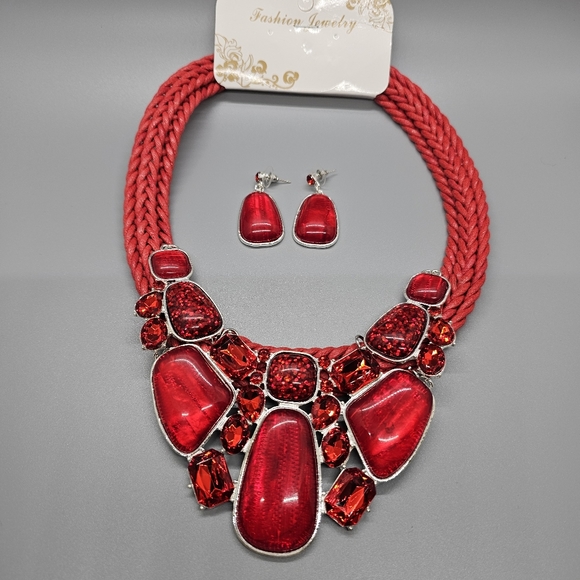 Red Gemstone Braided Necklace set 😍 - Picture 1 of 8